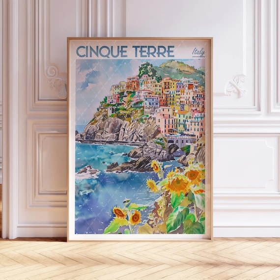 Cinque Terre Italy Watercolor Village Sunflowers Cliff Coast Travel Poster