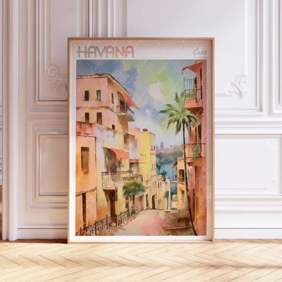 Havana City Watercolor Poster Travel Art Tropical Wall Decor Printpastel Colors