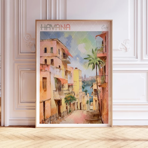 Havana Cuba Watercolor Travel Poster Colorful Street Palm Tree Scene