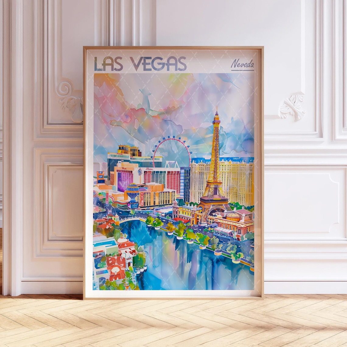 Las Vegas Nevada Eiffel Tower and Strip Watercolor Travel Poster