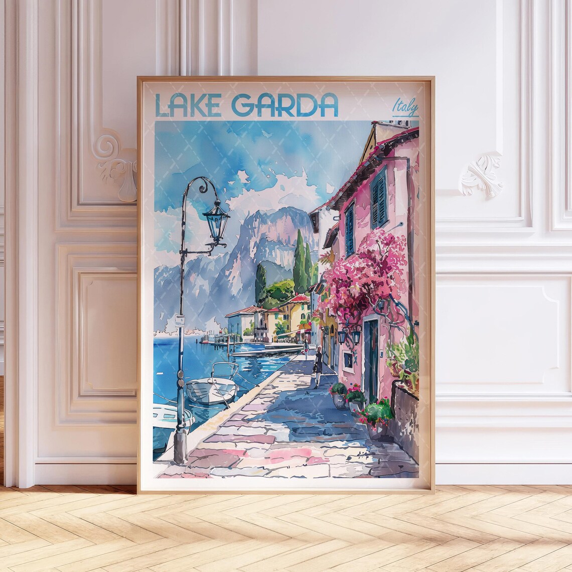 Lake Garda Italy Lakeside Village Pink Flowers Watercolor Travel Poster