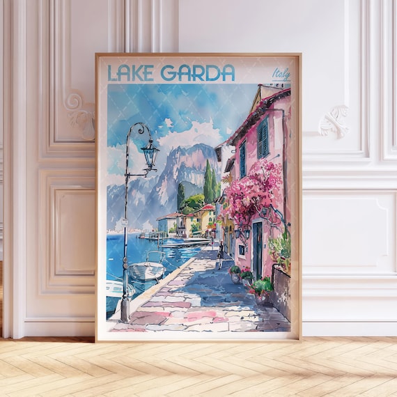 Lake Garda Italy Lakeside Village Pink Flowers Watercolor Travel Poster