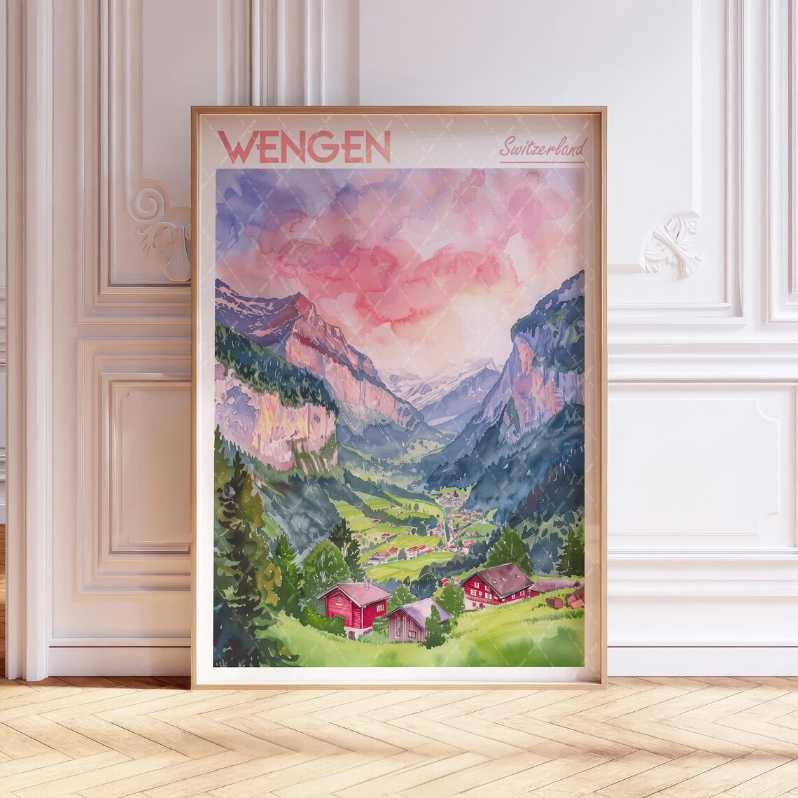 Wengen Watercolor Travel Poster, Switzerland