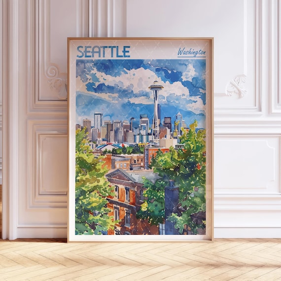 Seattle Washington Space Needle Skyline Watercolor Travel Poster
