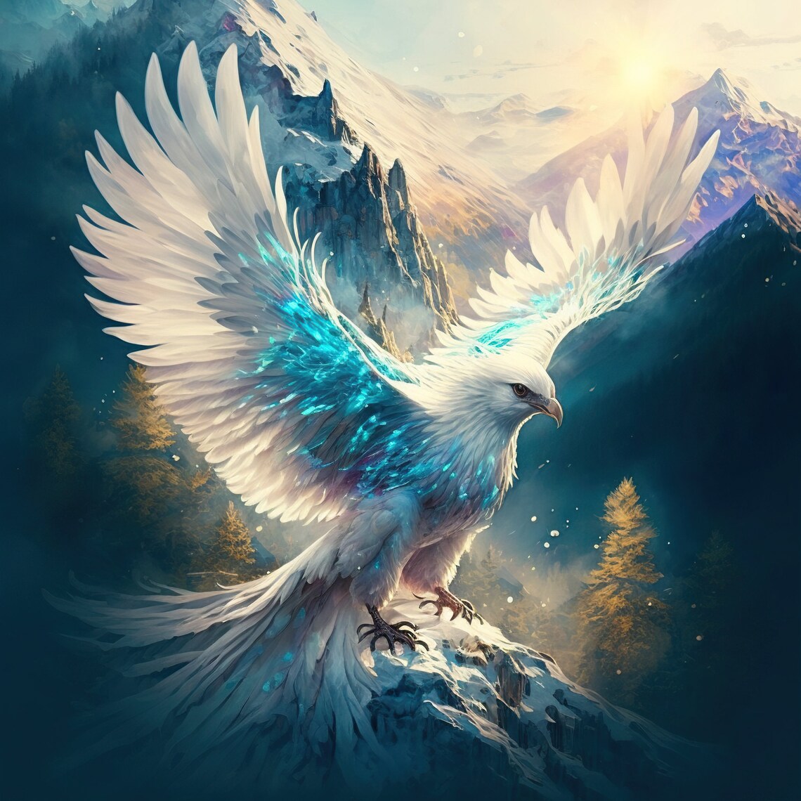 Magic Mountain Hawk And Phoenix Fantasy Art Print