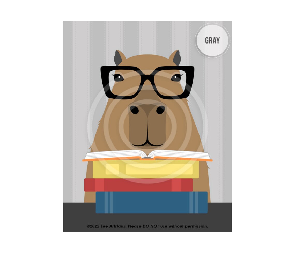 Capybara With Glasses Reading Stack Of Books Funny Animal Art Poster - Image 3