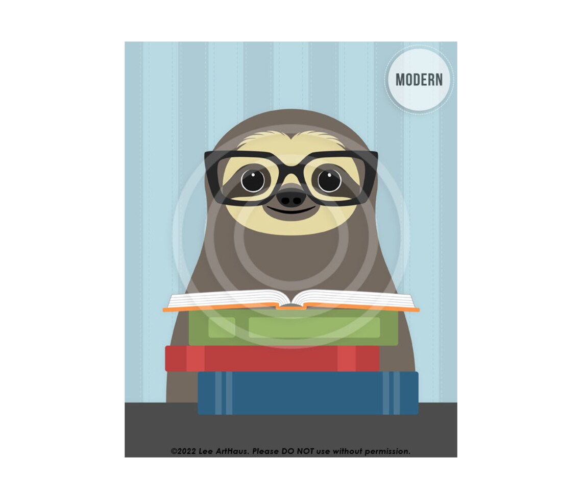 Sloth Reading Books Glasses Bookworm Cute Library Wall Art Poster - Image 2