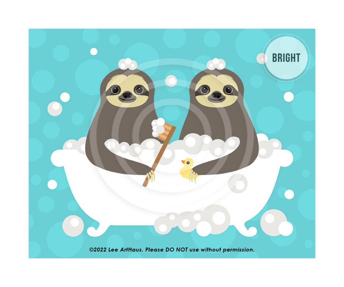 Two Cute Sloths Sharing Bubble Bath Bright Teal Bathroom Art Print