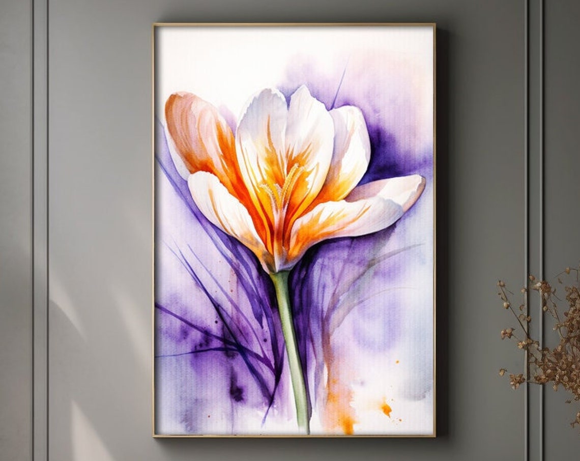 White Crocus Flower Watercolor Spring Bloom Botanical Poster