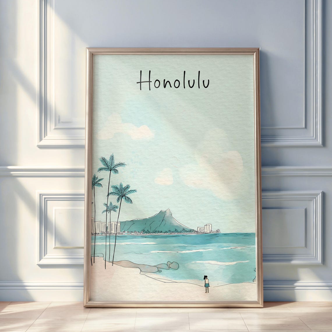 Honolulu Watercolor Poster Diamond Head Waikiki Beach Palms Island Art