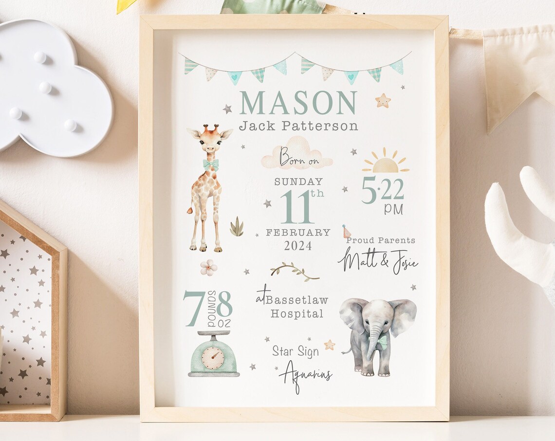 Mason Jack Patterson Personalised Birth Details Safari Nursery Print