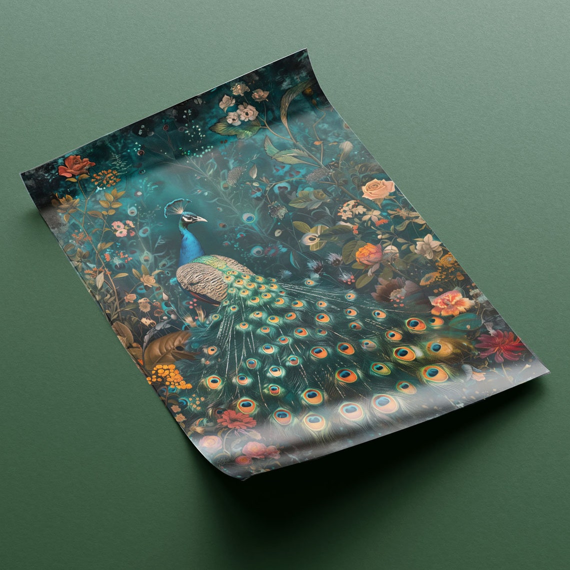 Peacock Fanning Full Tail Teal Floral Garden Elegant Bird Art Poster - Image 2