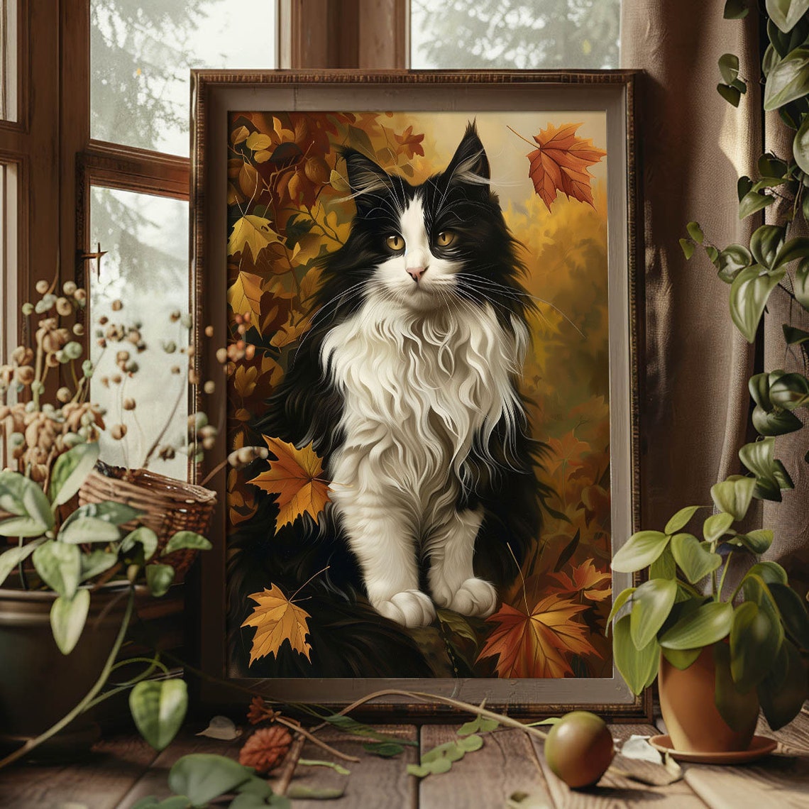 Black And White Longhair Cat Autumn Leaves Golden Fall Poster - Image 3