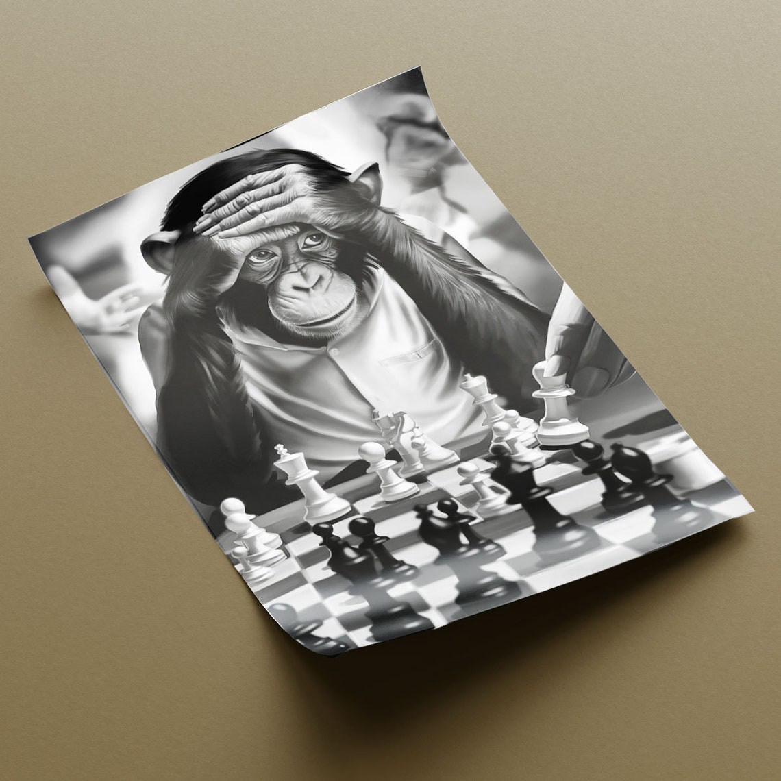 Chimpanzee Playing Chess Funny Black And White Monkey Poster - Image 2