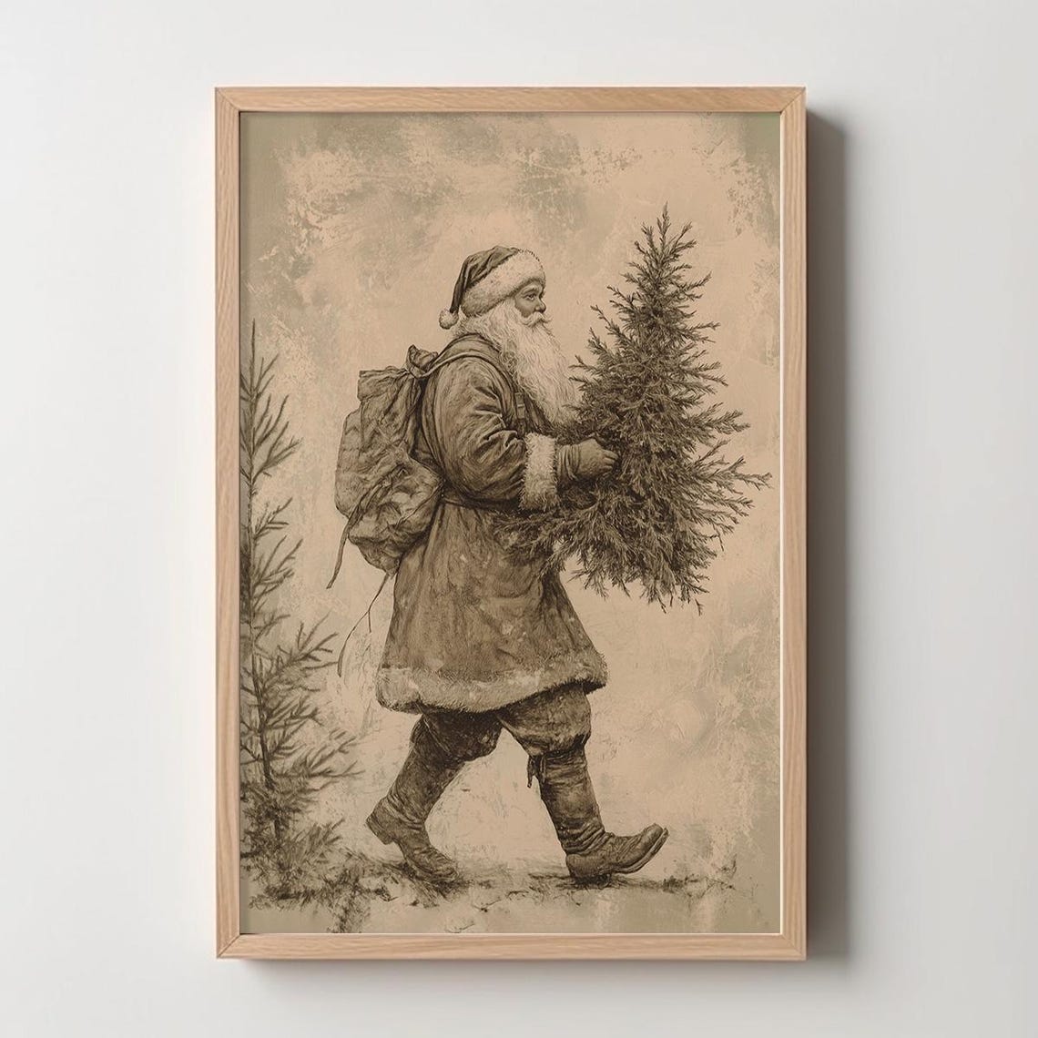 Vintage Santa Carrying Christmas Tree Sepia Drawing Holiday Art Poster