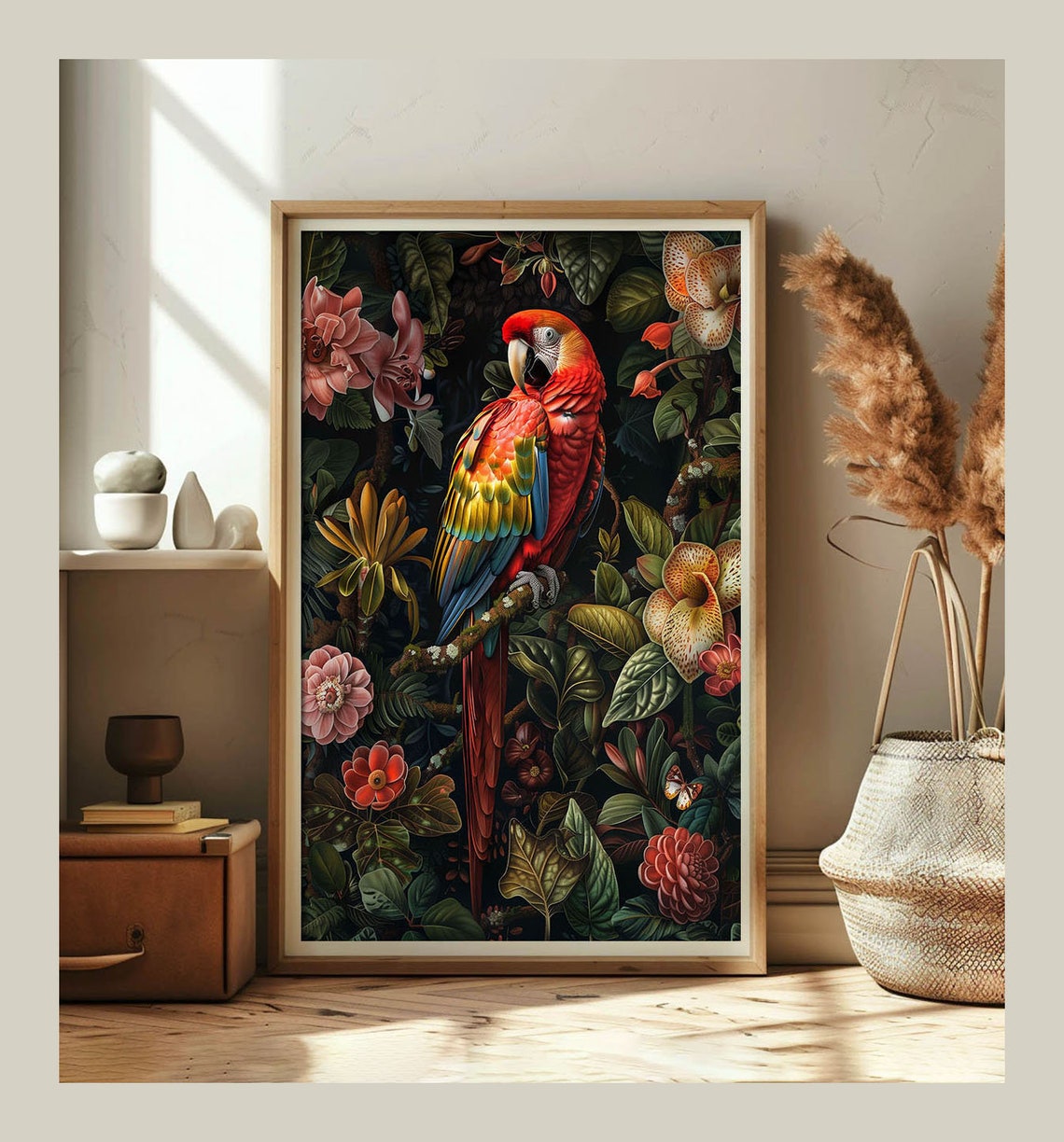 Bold Scarlet Macaw Parrot Dark Tropical Floral Jungle Art Poster