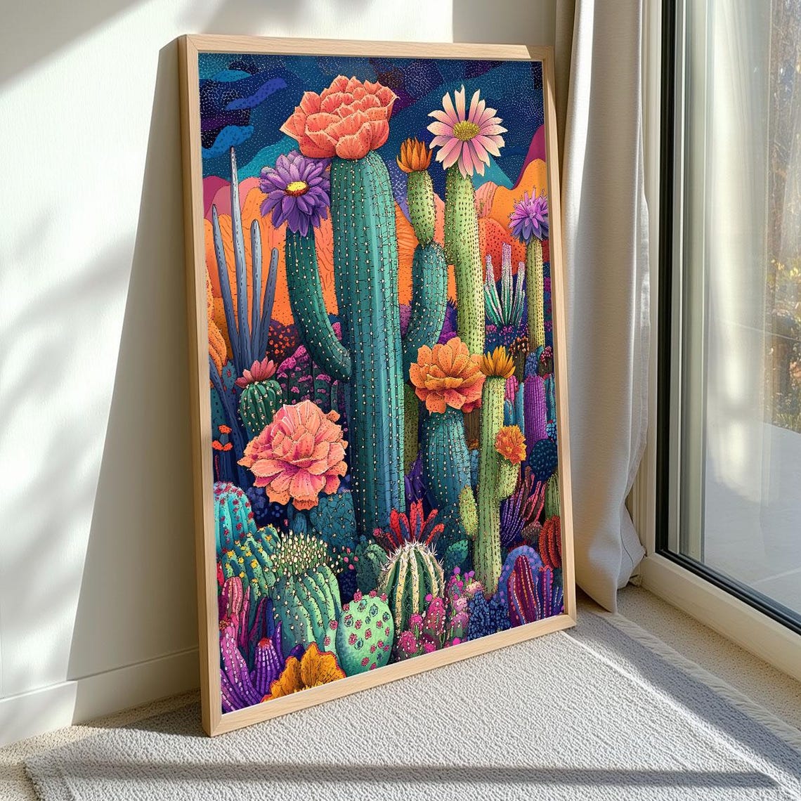 Tall Blooming Cacti With Giant Flowers Neon Desert Night Scene Poster - Image 3