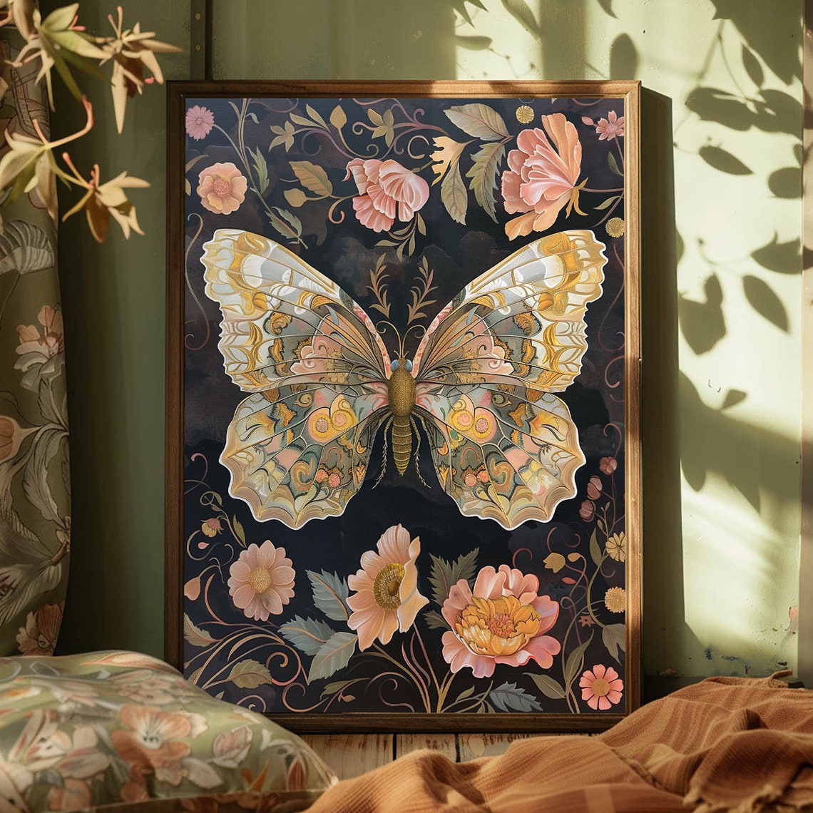 Golden Butterfly On Dark Ground With Pink Flowers Ornate Insect Poster - Image 4