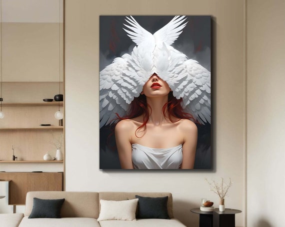 Abstract Woman Canvas Wall Art Elegant Nude Female Portrait Angel Surreal Covered Eyes Artwork Modern Figurative Decor