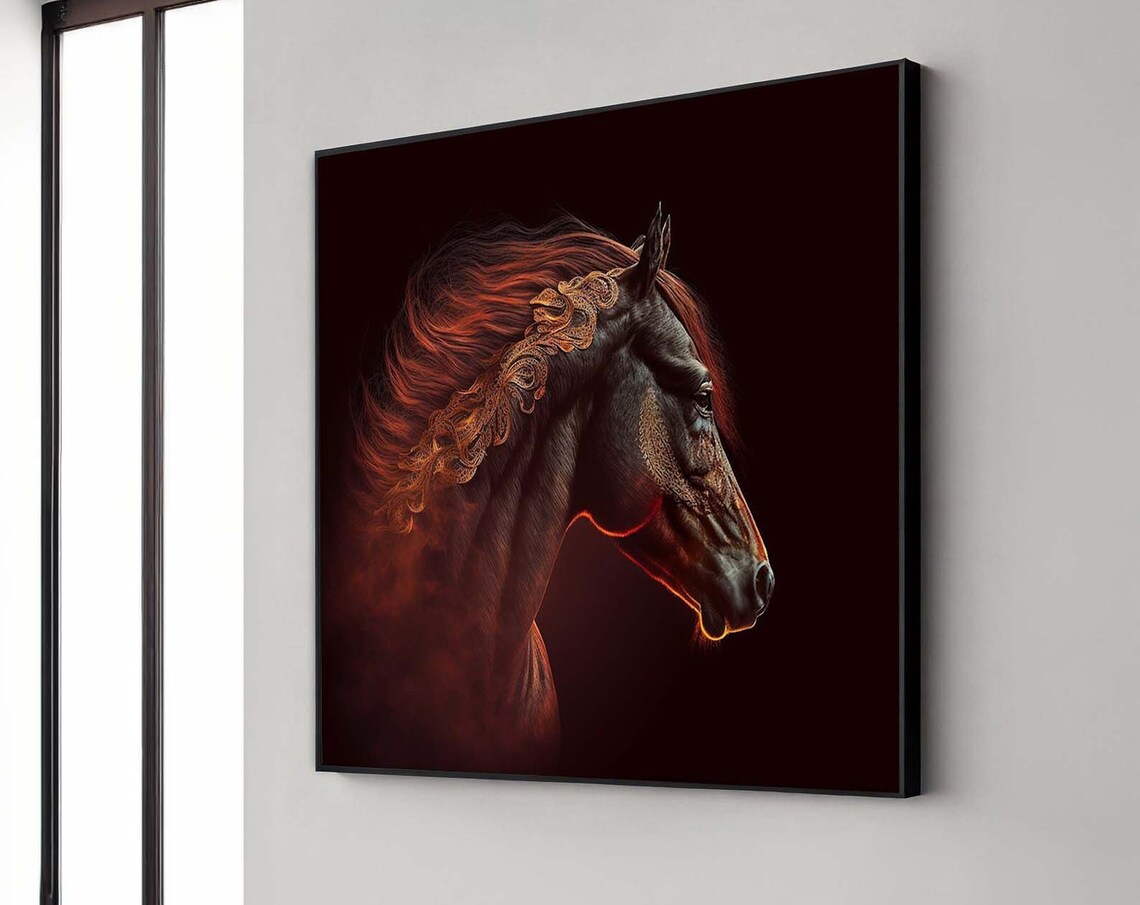 Dark Horse Fiery Mane Golden Filigree Dramatic Equine Art Poster