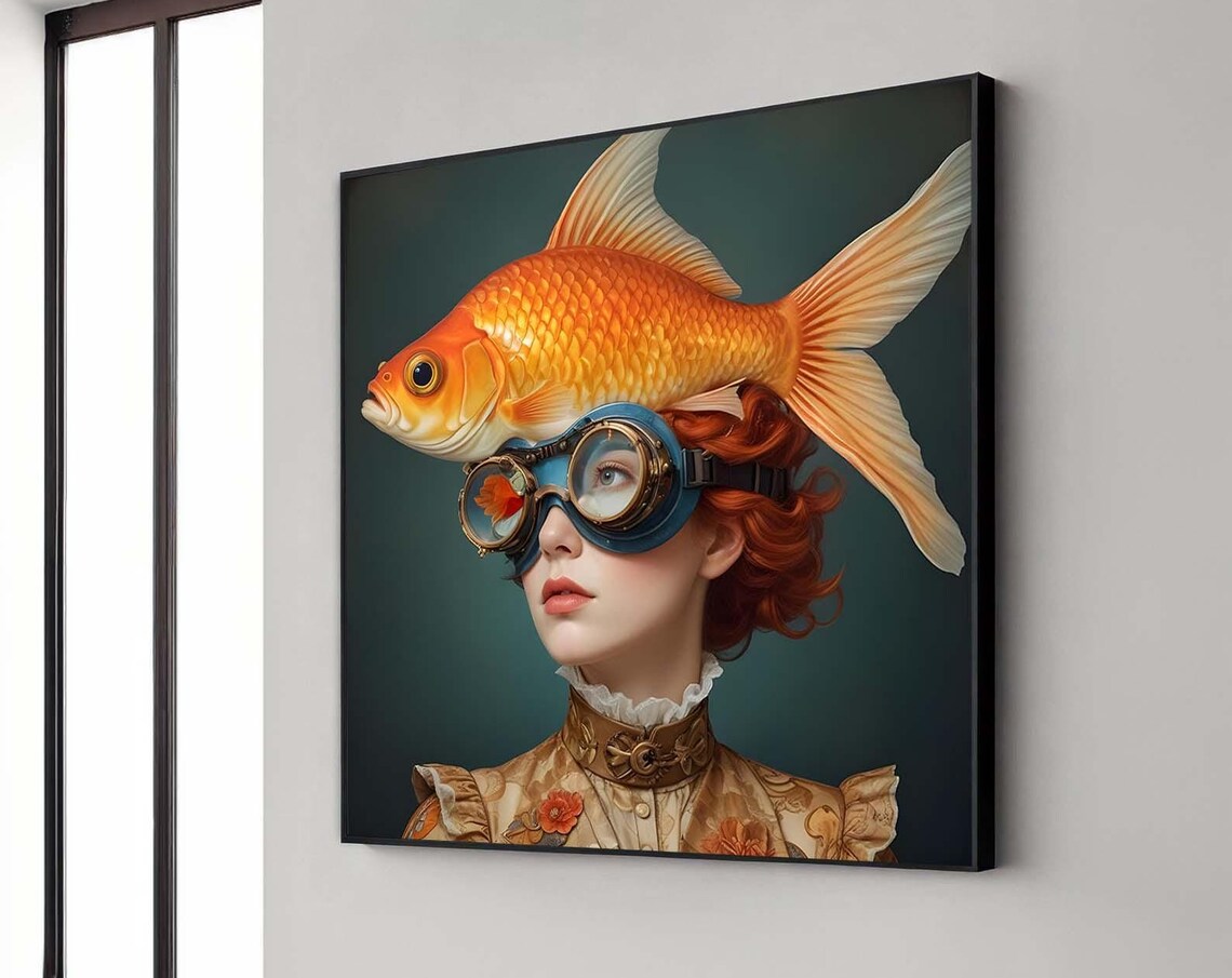 Surreal Woman With Fish, Whimsical Oceanic Portrait