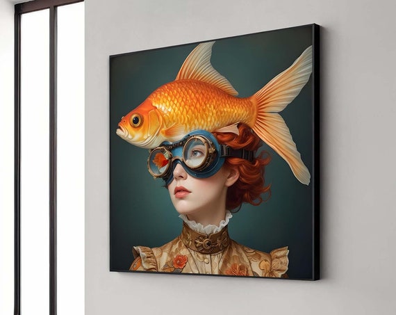Surreal Woman With Fish, Whimsical Oceanic Portrait