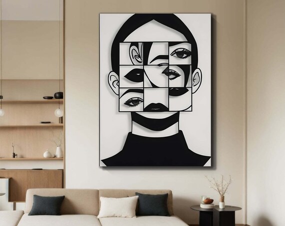 Abstract Womans Face Painting Art Cubist Portrait Canvas Modern Wall Unique Home Decor Ready To Hang