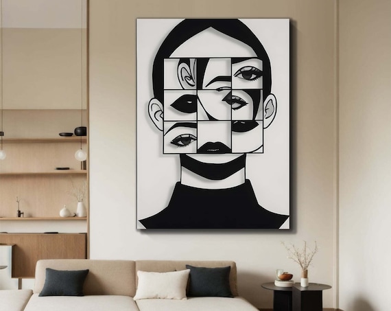 Fragmented Black White Woman Portrait Grid Modern Abstract Print