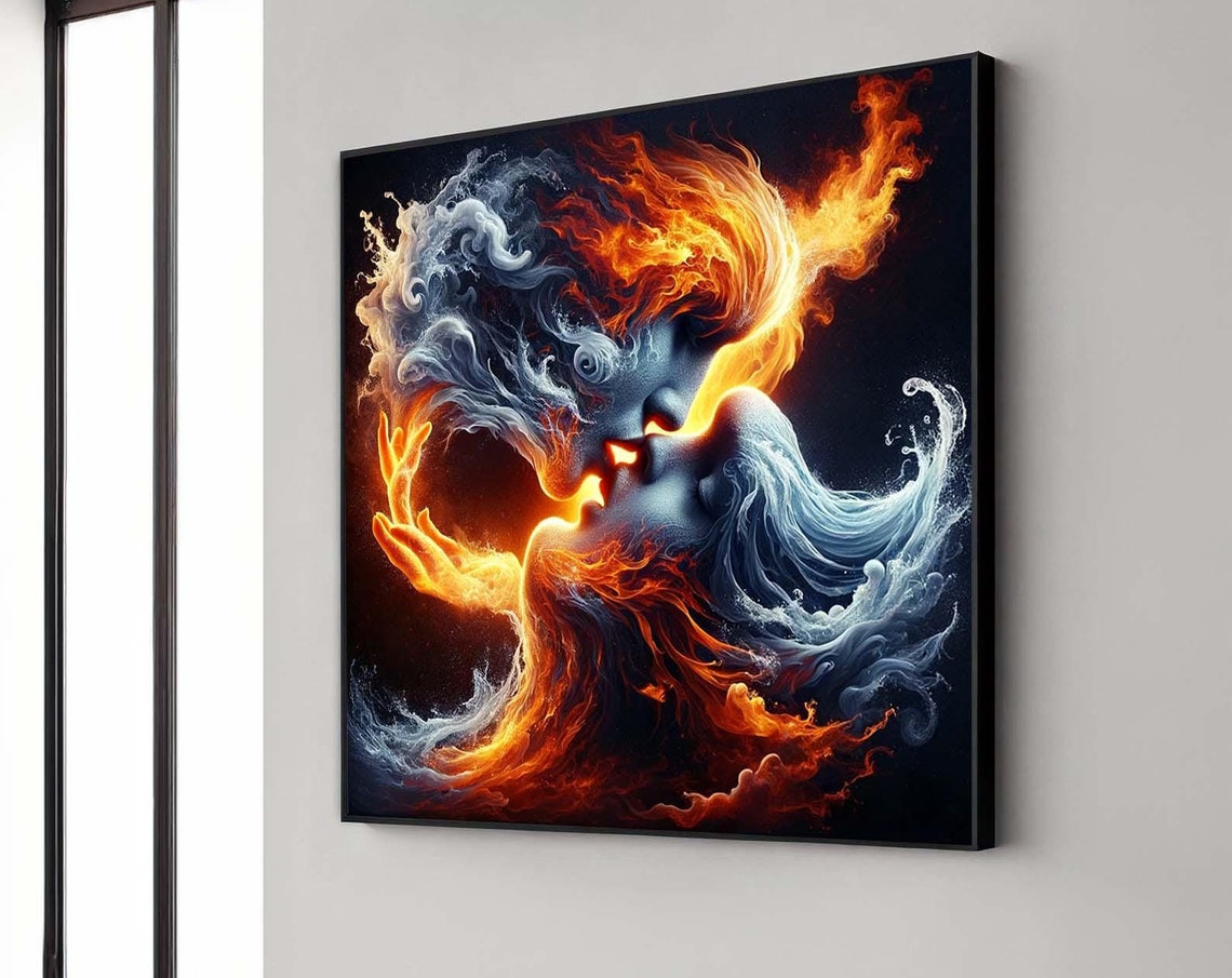 Fire And Ice Lovers Kiss Romantic Passion Fantasy Digital Art Poster