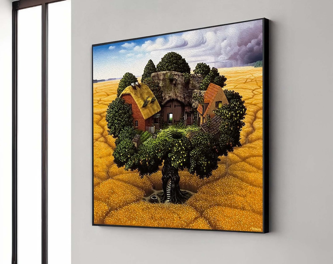 Enchanted Treehouse In Golden Wheat Surreal Fantasy Art Poster