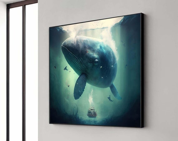 Deepsea Whale Canvas Giant Blue Witness Tiny Submarine Cinematic Ocean Scene 6090cm Modern Wall Art Coastal Decor Trend