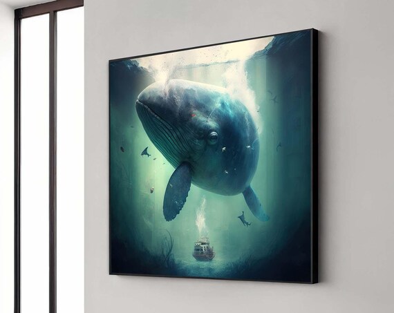 Giant Blue Whale Tiny Submarine Deep Ocean Cinematic Art Poster