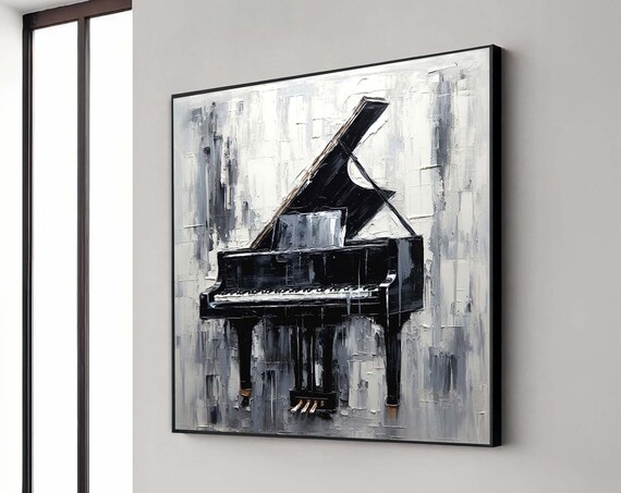 Black and White Grand Piano Abstract Music Room Painting Canvas Wall Art