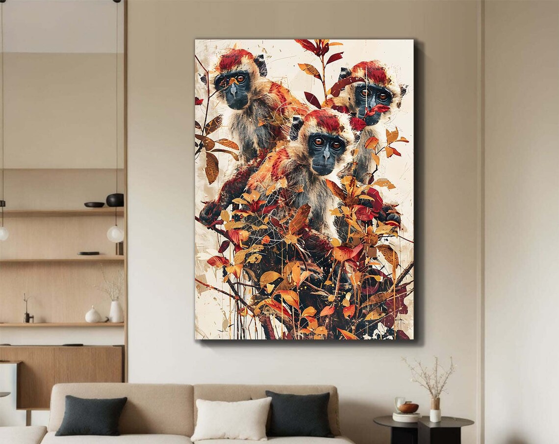 Trio of Monkeys in Autumn Foliage Painterly Wildlife Art Poster