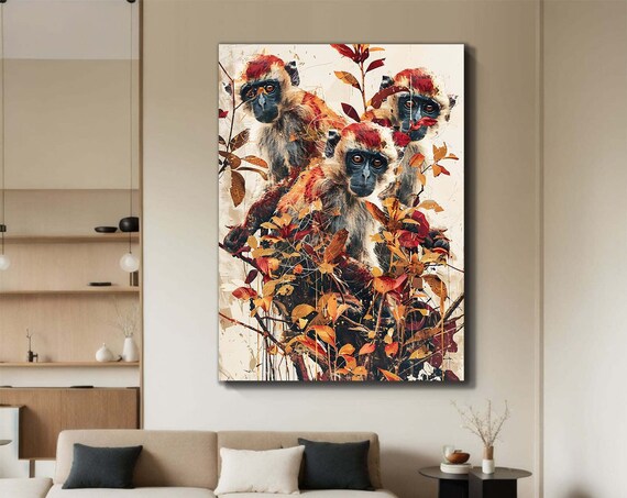 Vibrant Monkey Trio Canvas Colorful Primate Art Jungle Wildlife Print Animal Wall Ready To Hang