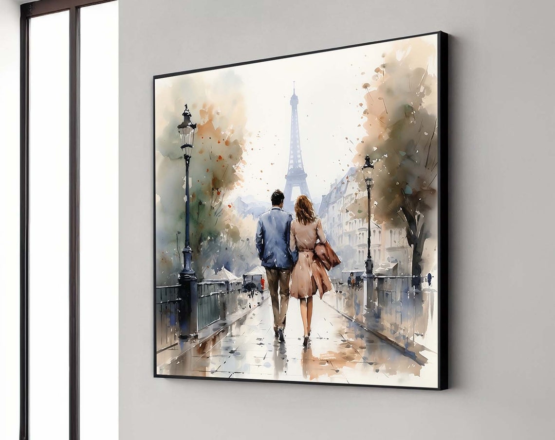 Paris Eiffel Tower Couple Stroll Romantic Watercolor Art Poster