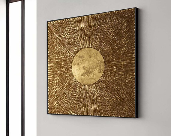 Abstract Art Golden Radiance Sunburst Canvas Wall Decor Modern Metallic Ready To Hang