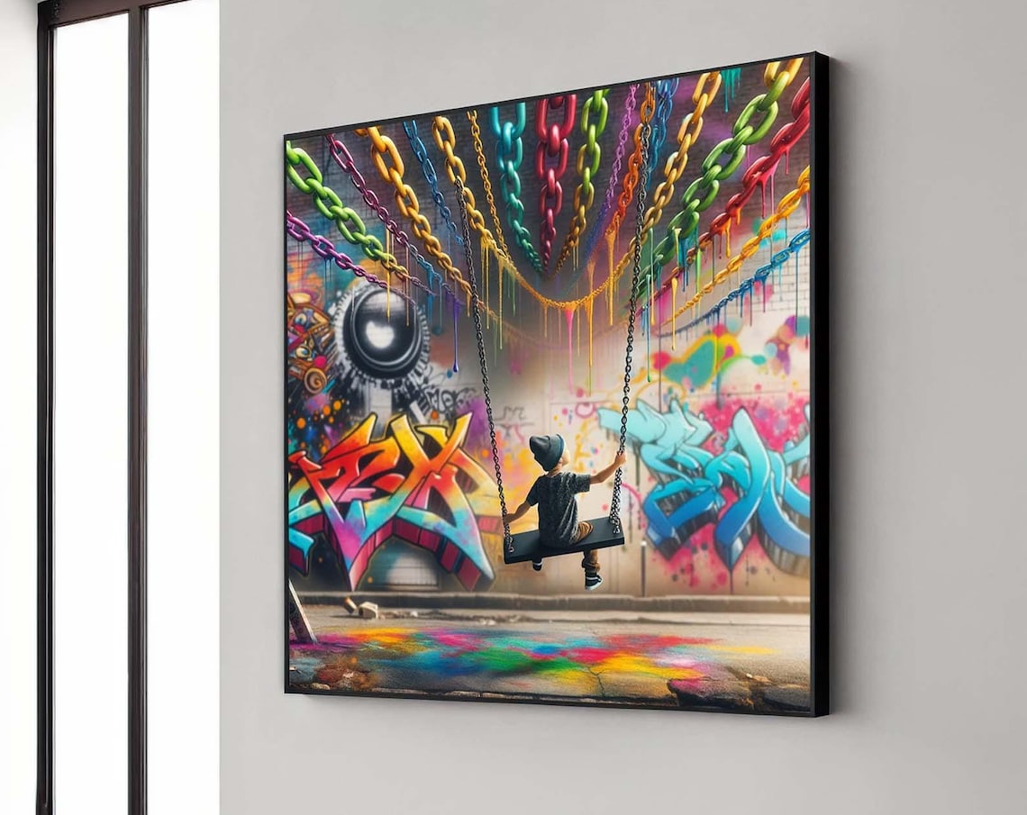 Boy On Swing Under Colorful Chains Graffiti Street Art Poster