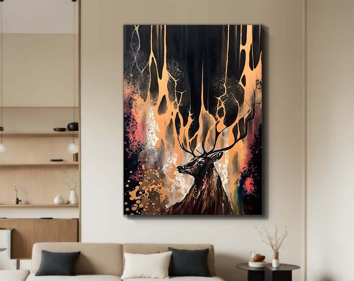 Majestic Deer Golden Antlers Black Gold Expressionist Painting Poster