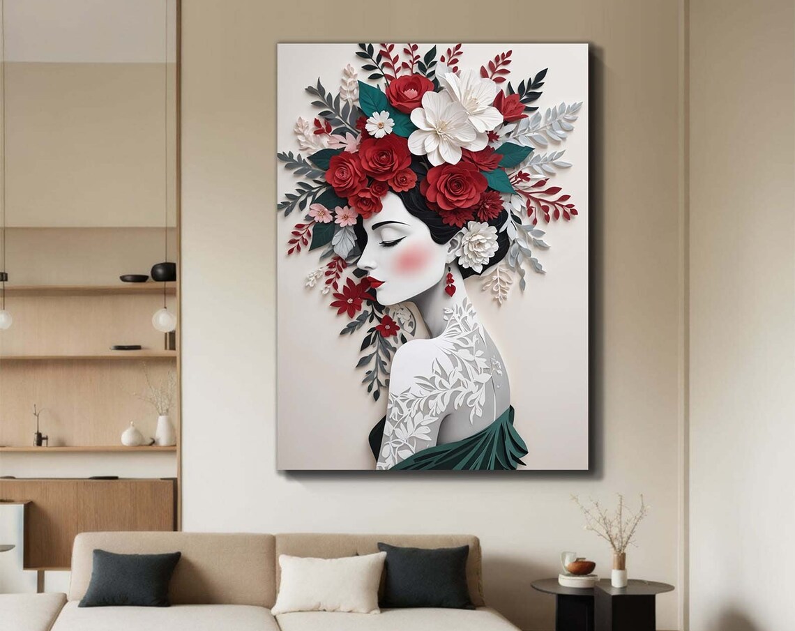 Floral Woman Portrait Papercut Style Red White Layered Flowers Poster