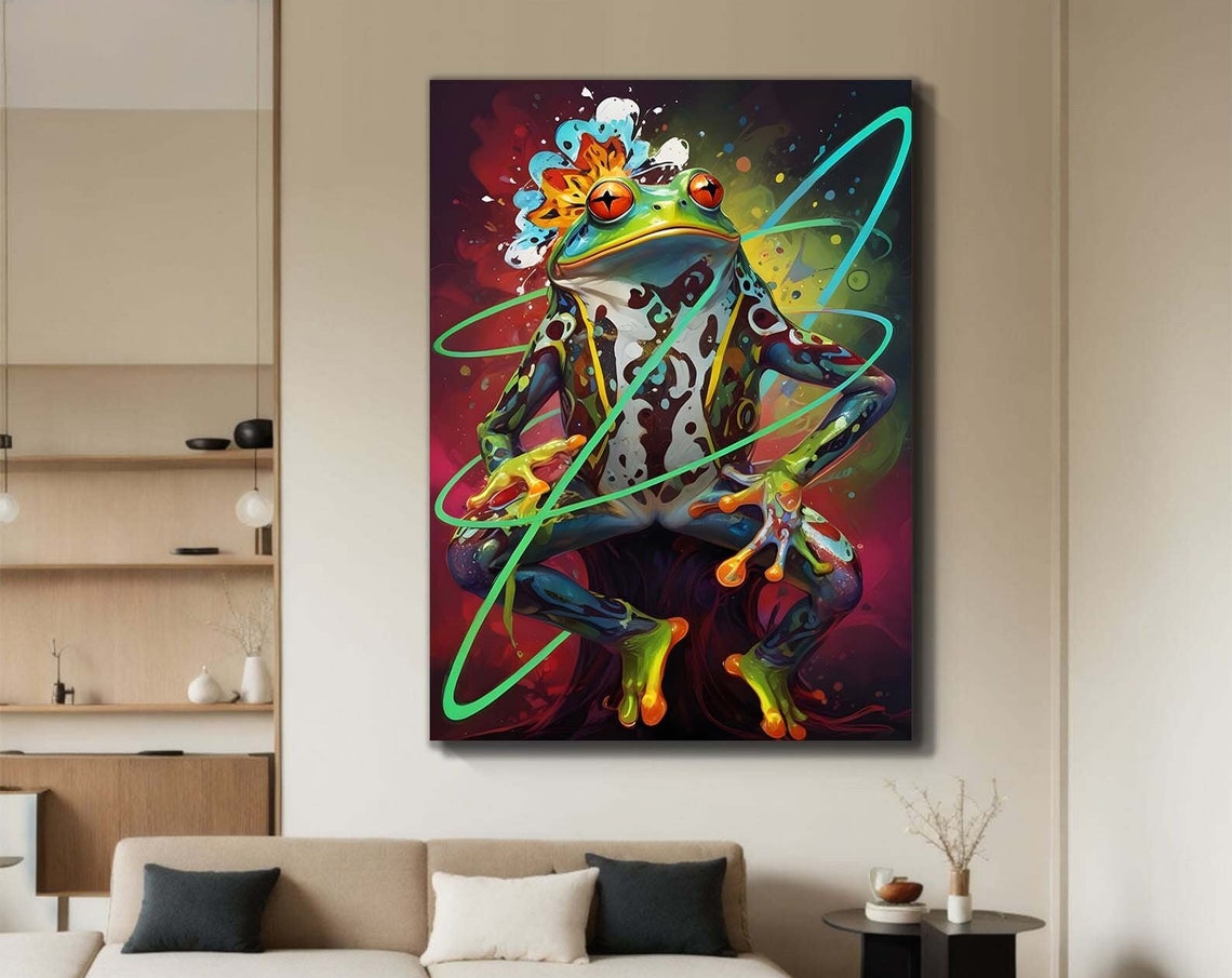 Psychedelic Neon Frog Colorful Trippy Graffiti Canvas Art Poster