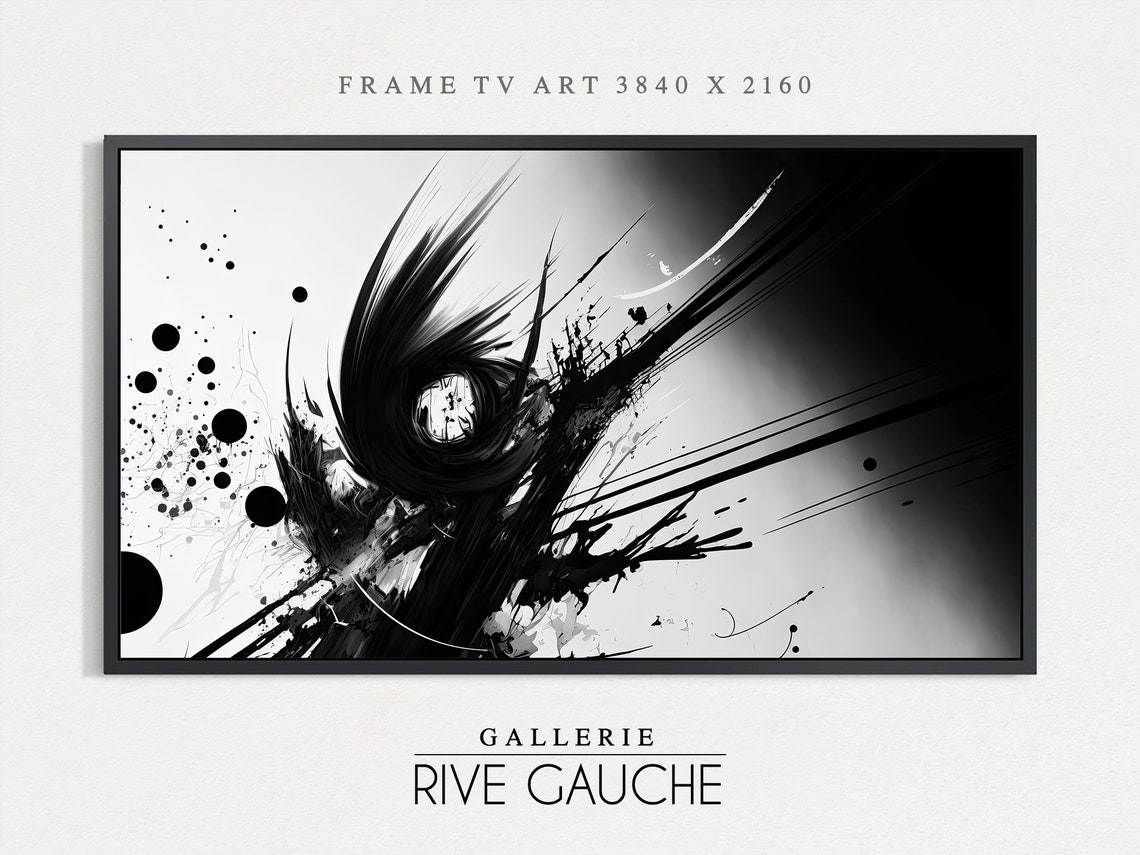 Black White Ink Swirl Splatter Abstract Frame TV Art Monochrome Poster