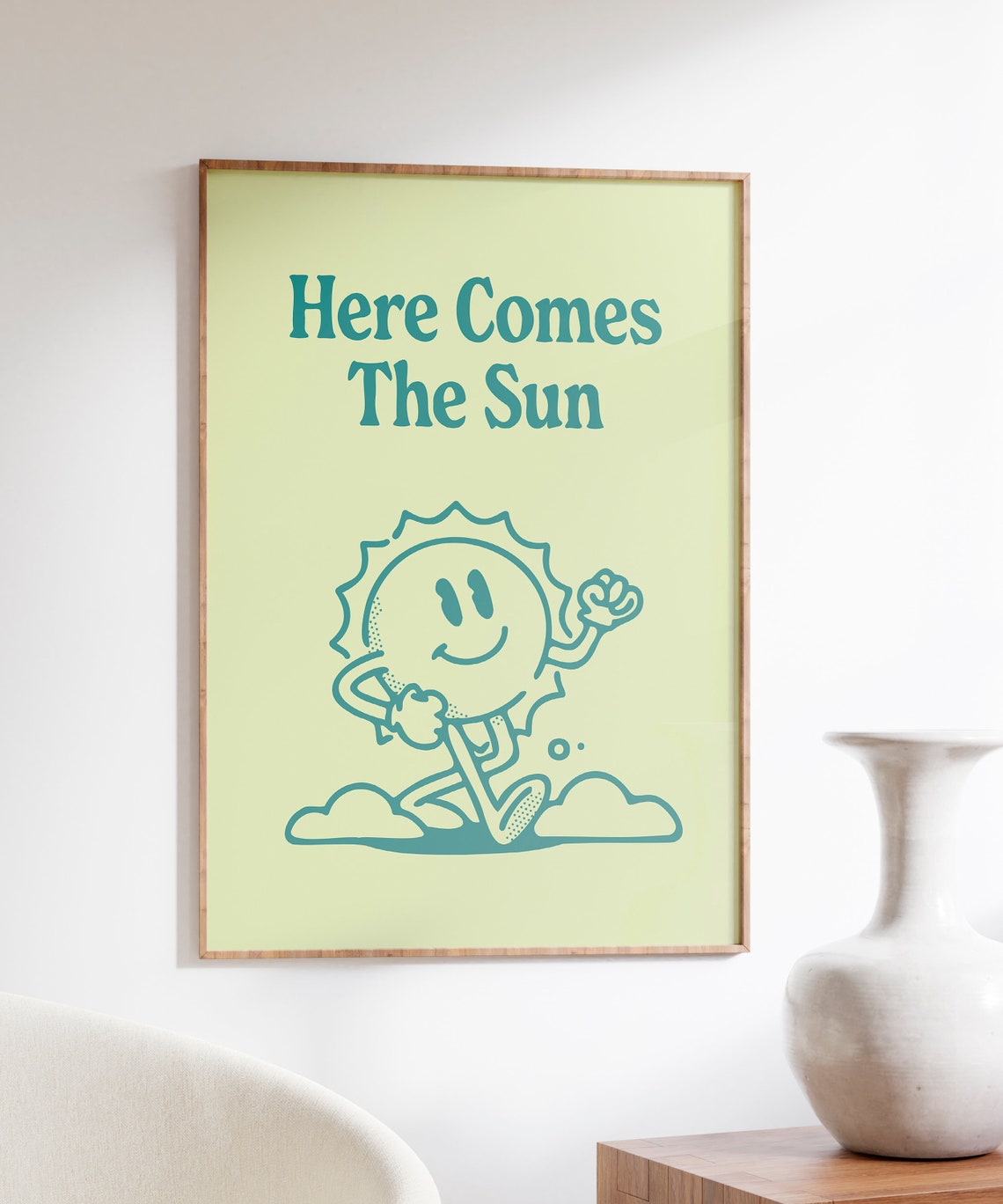 Here Comes The Sun Teal Retro Sun Mascot Lime Quote Wall Art - Image 3