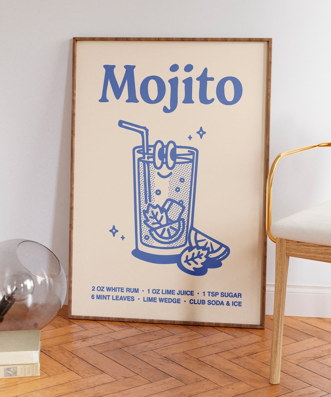 Mojito Cocktail Recipe Blue Line Art Kitchen Bar Cart Poster - Image 5
