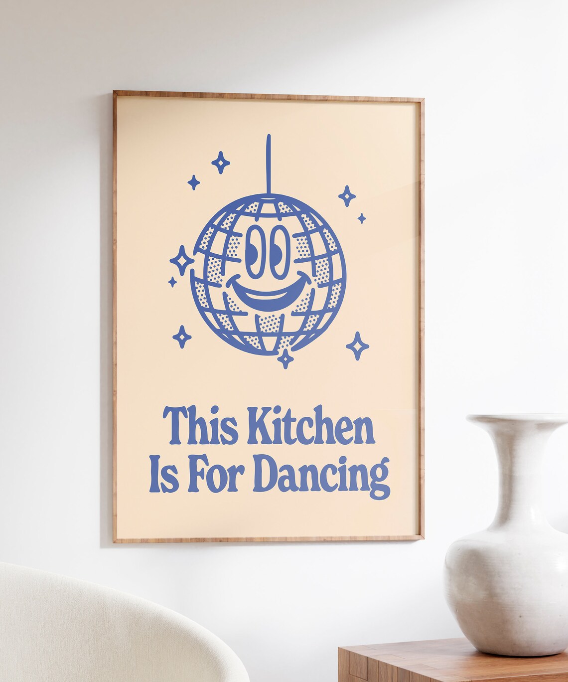 This Kitchen Is For Dancing Blue Smiling Disco Ball Retro Kitchen Quote Poster - Image 4