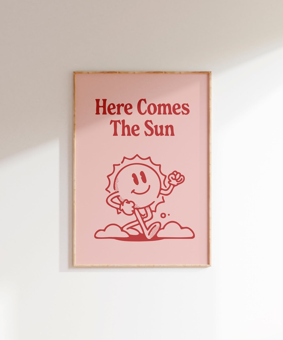 Here Comes The Sun Pink Smiling Sun Character Retro Quote Poster - Image 5