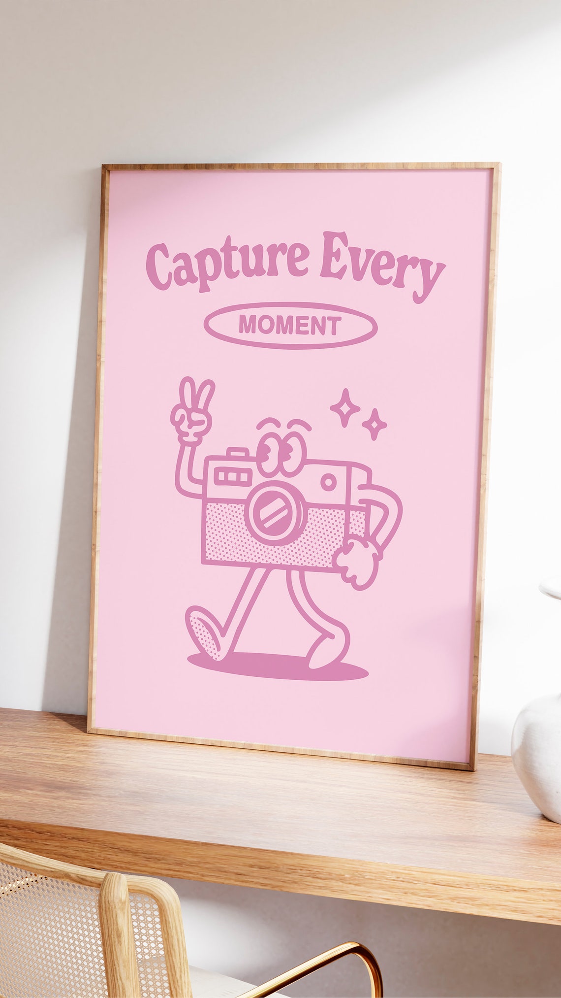 Capture Every Moment Pink Camera Mascot Retro Photography Wall Art - Image 2