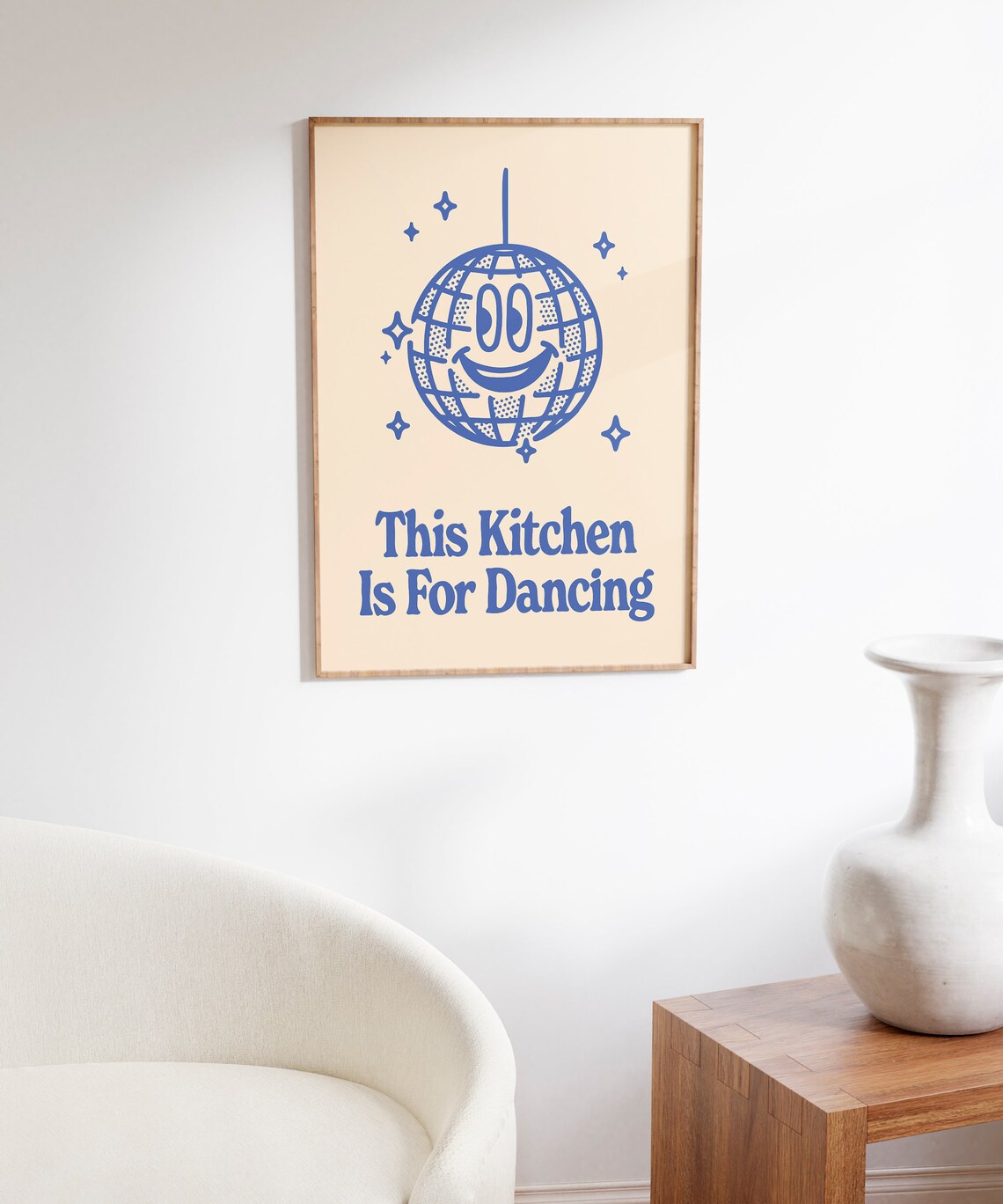 This Kitchen Is For Dancing Blue Smiling Disco Ball Retro Kitchen Quote Poster - Image 6