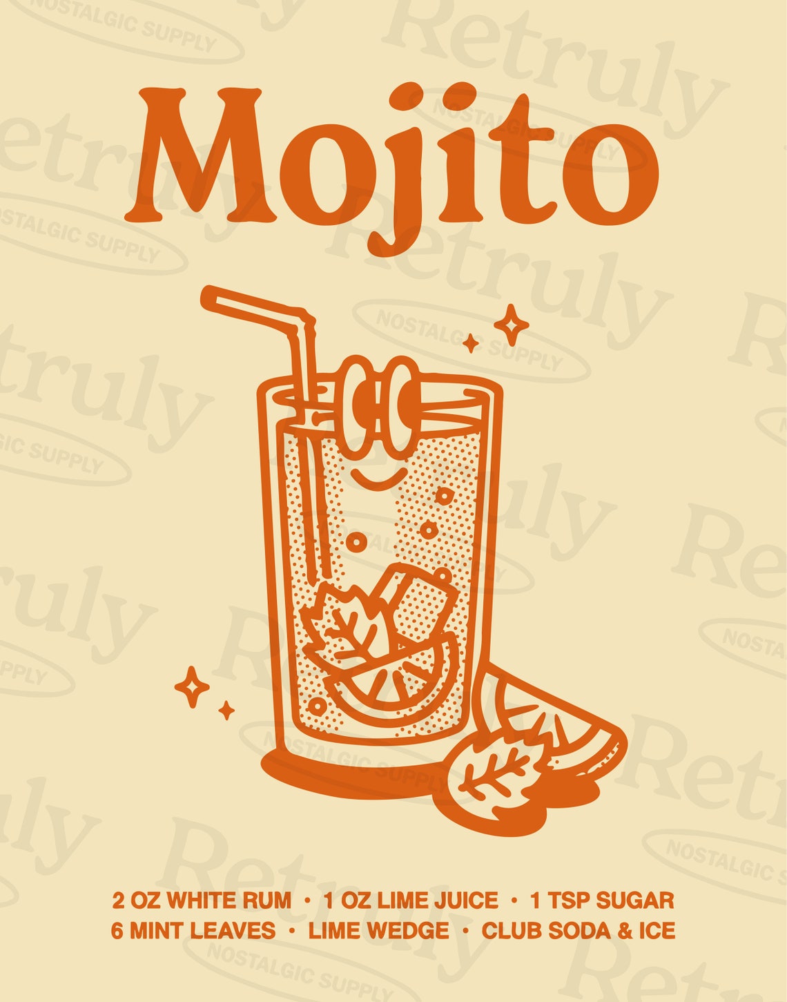 Retro Mojito Cocktail Recipe Glass Illustration Kitchen Bar Print - Image 2