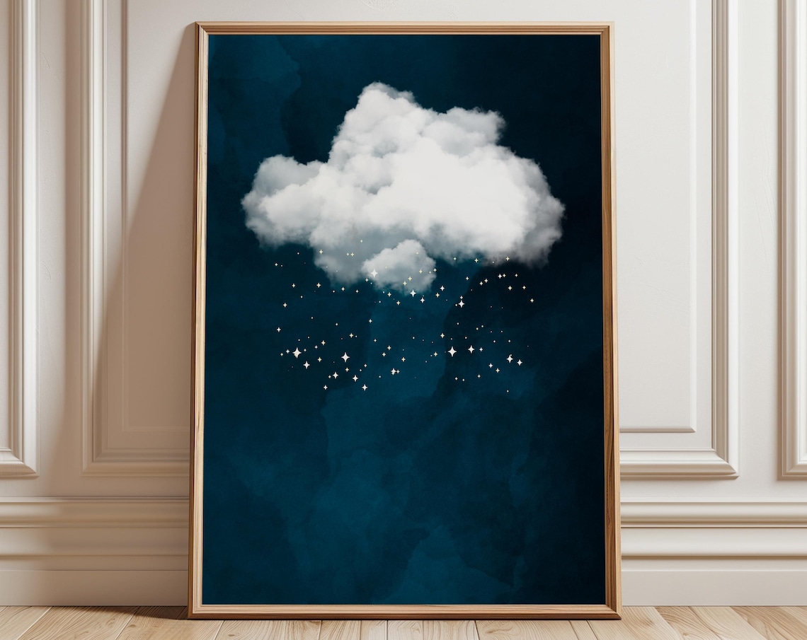 Blue Cloud Print With Stars, Abstract Minimalist Decor